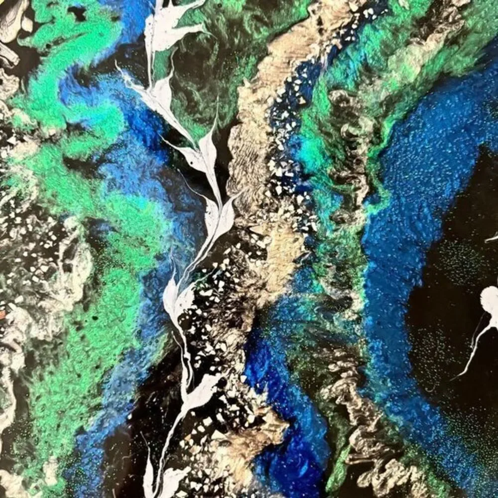 Stunning 21" Handpainted Lazy Susan Abstract Ocean Art Blue White Centerpiece - Picture 3 of 7